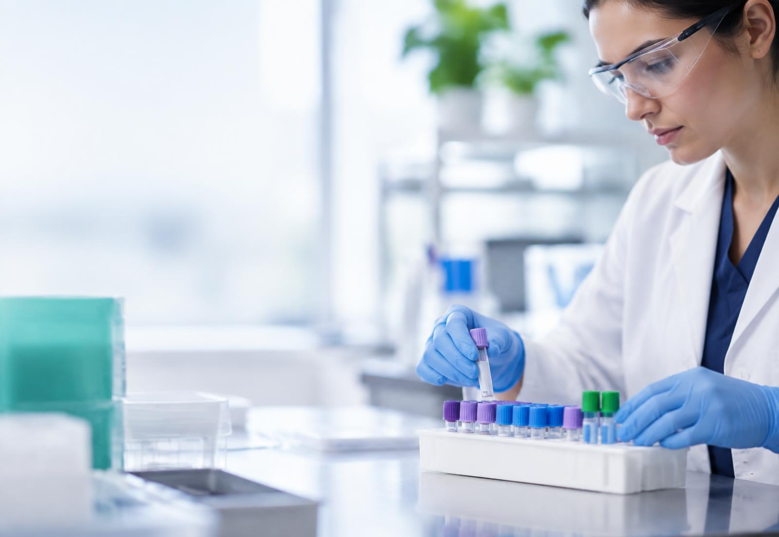 Research professional organizing specimen collection tubes
